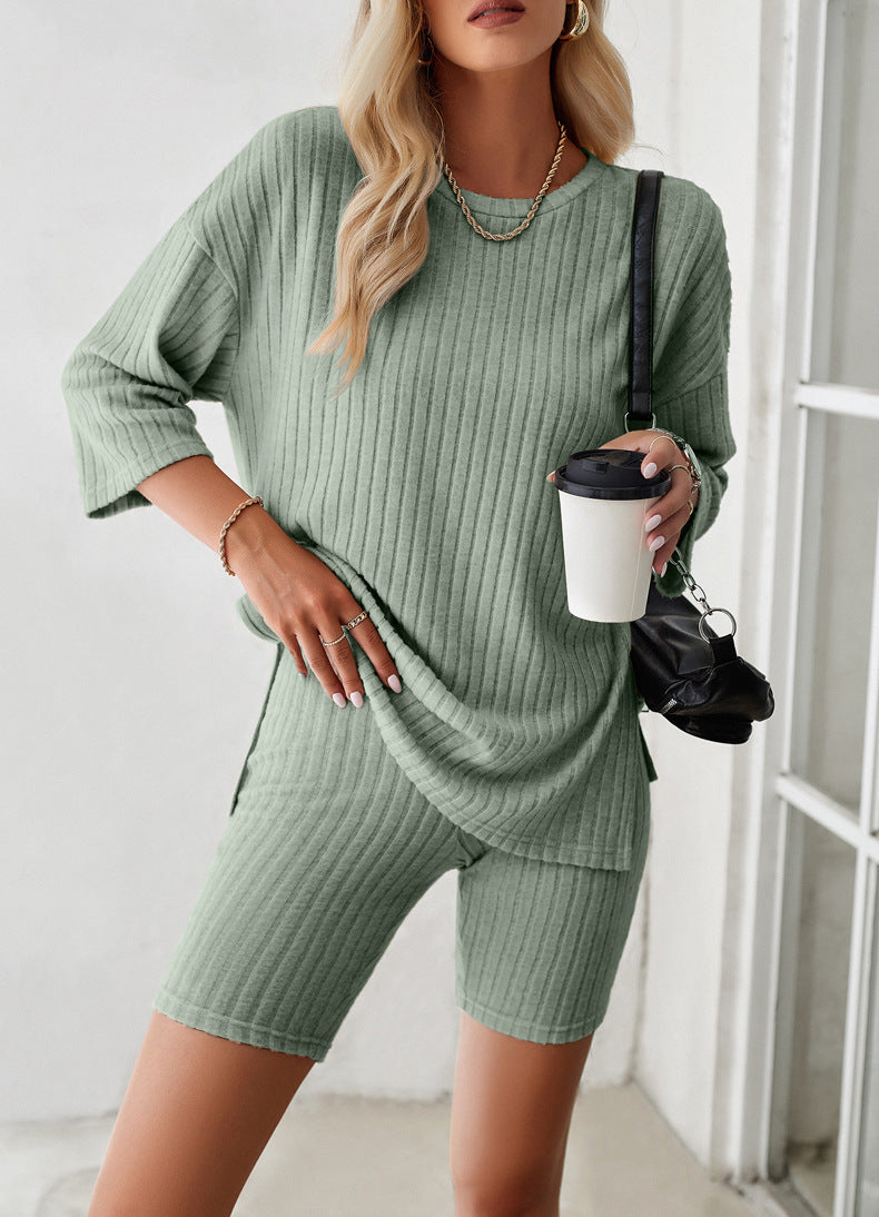 Green Long Sleeve Knitted Shirt and Shorts Set