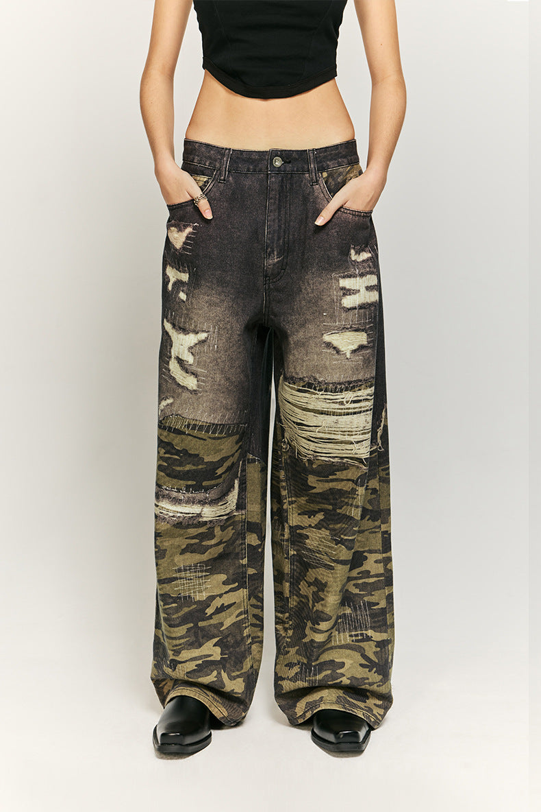 Urban Camo en Distressed Denim Wijde Broek