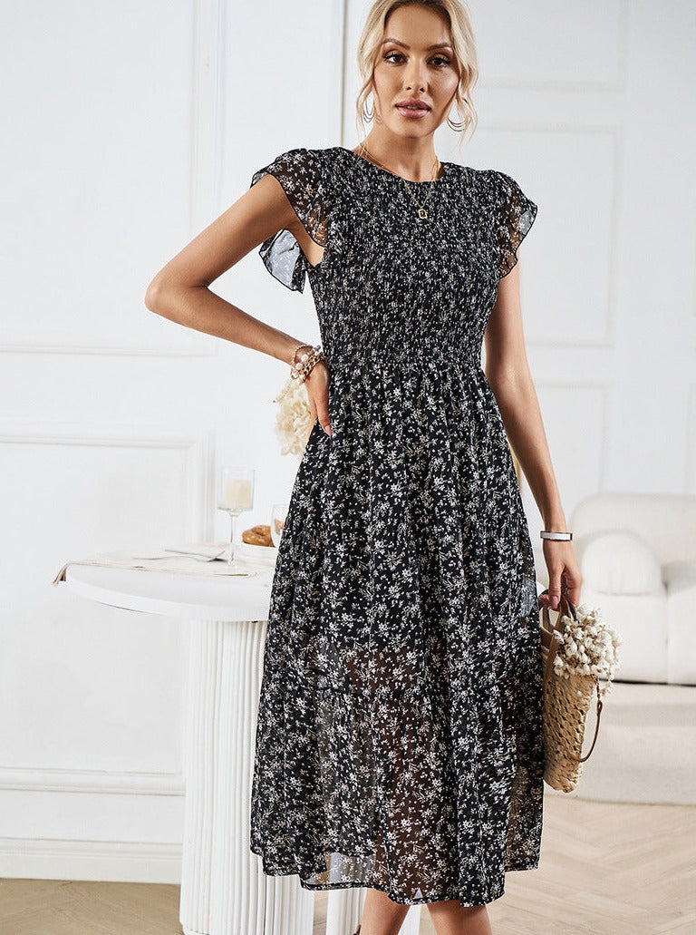 Floral Waist Defined Ruffle Trim Midi Dress