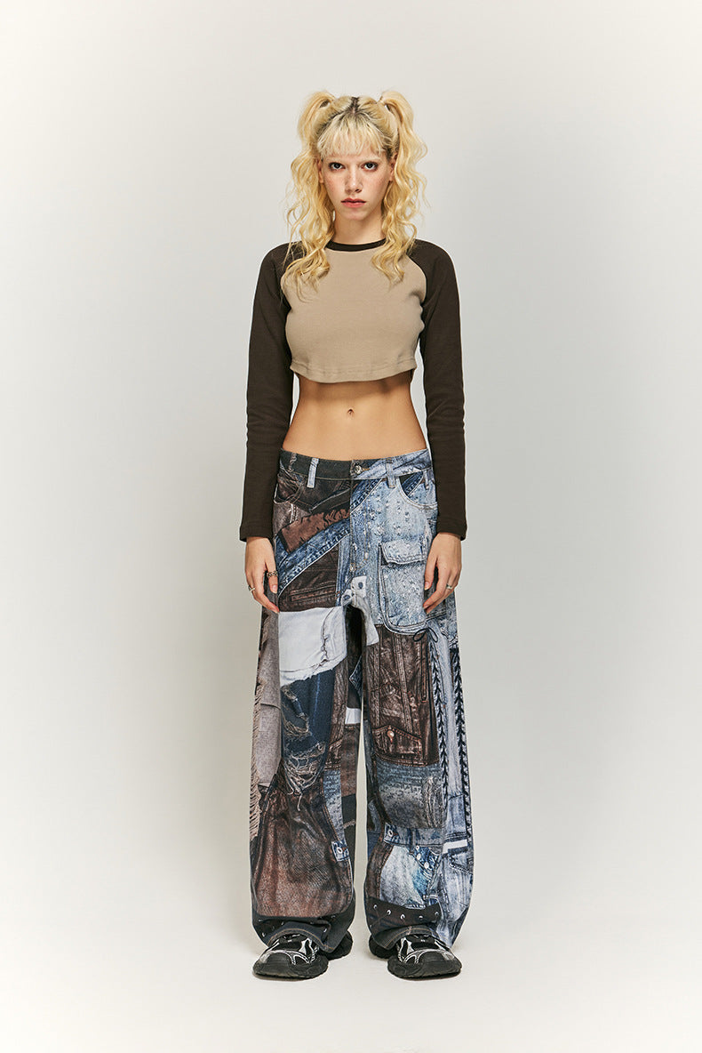 Cargo-stijl patchwork wijde broek