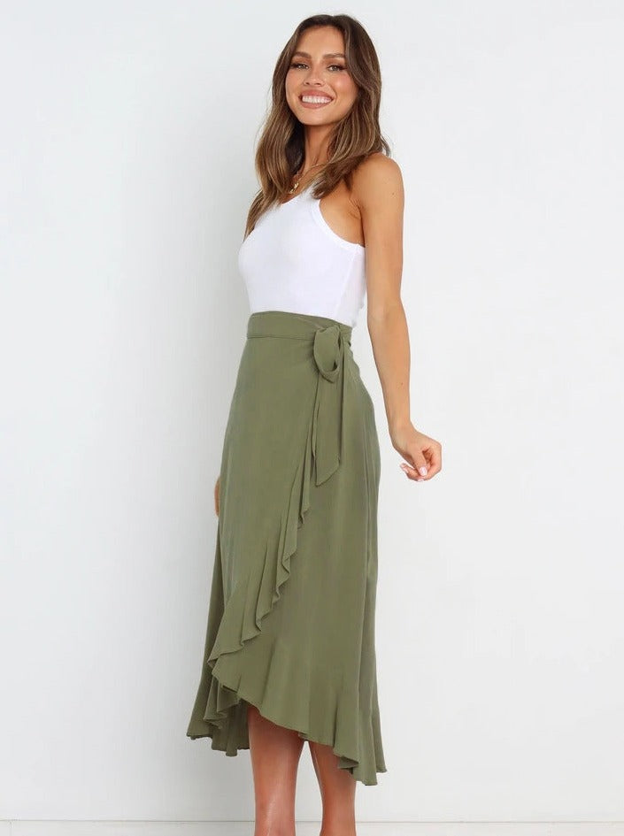 Asymmetrische sexy grasgroene lange rok 