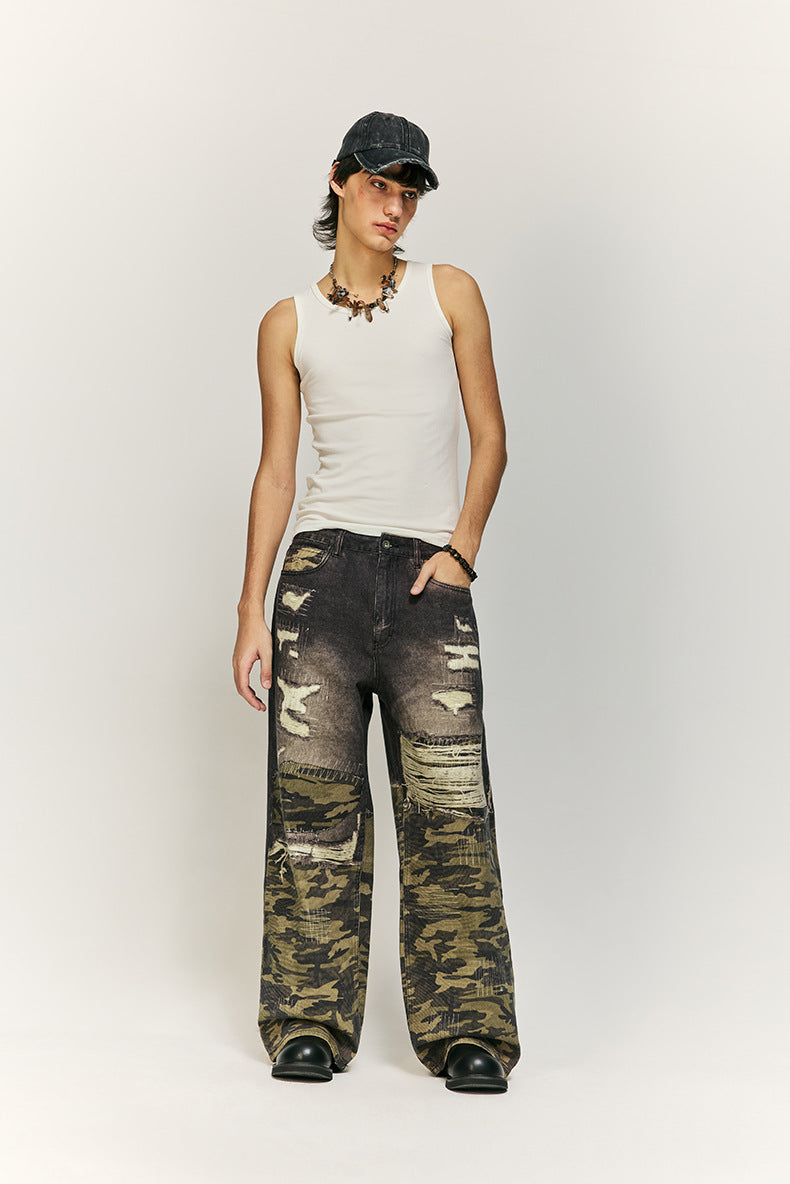 Urban Camo en Distressed Denim Wijde Broek