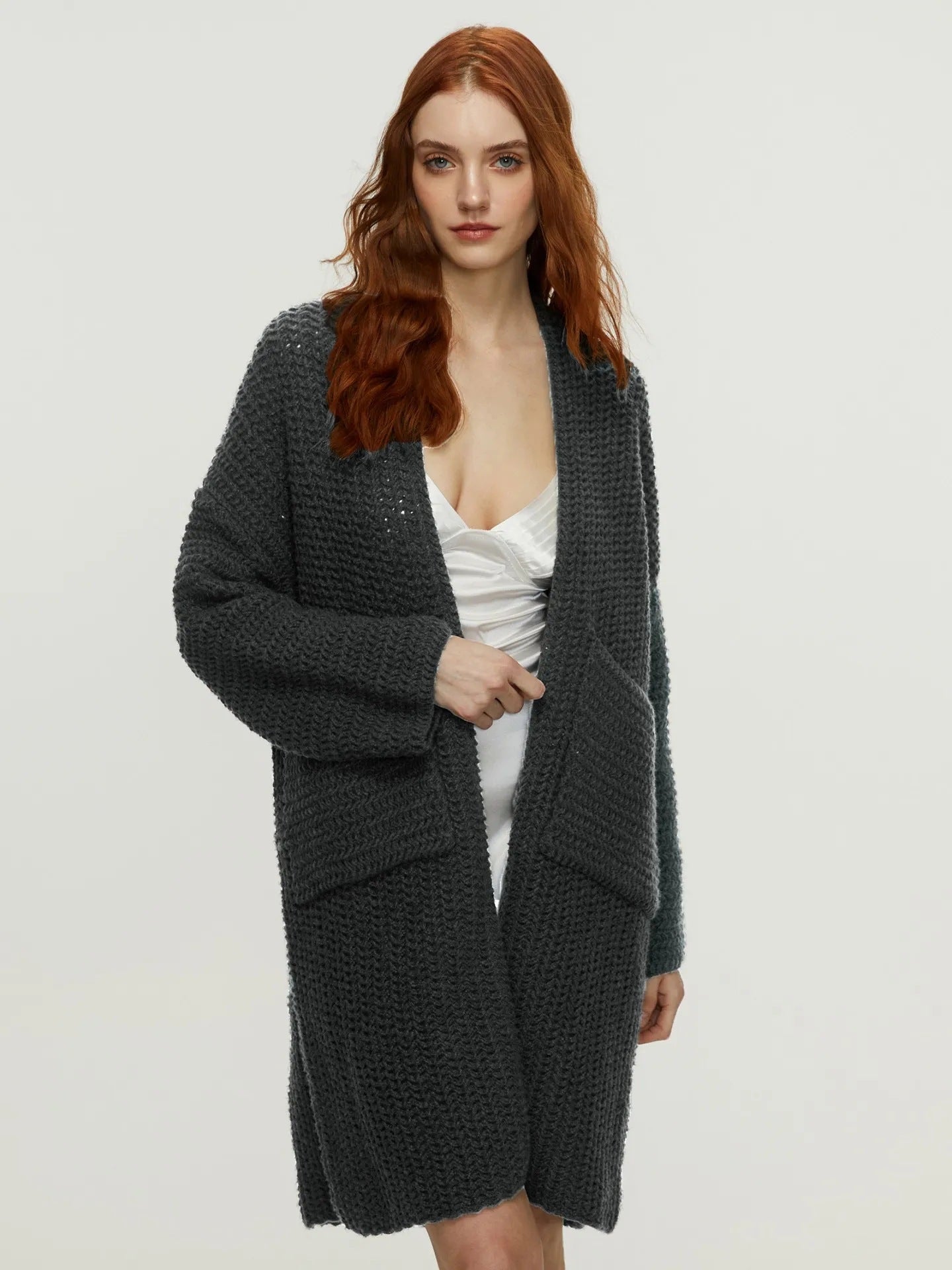 Strickmantel Damen Lang Grobstrick Cardigan Übergangsjacke