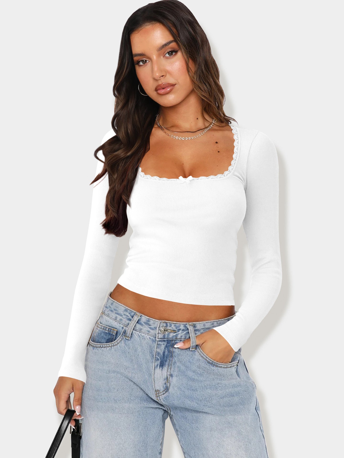 Sexy kanten witte crop top met lange mouwen