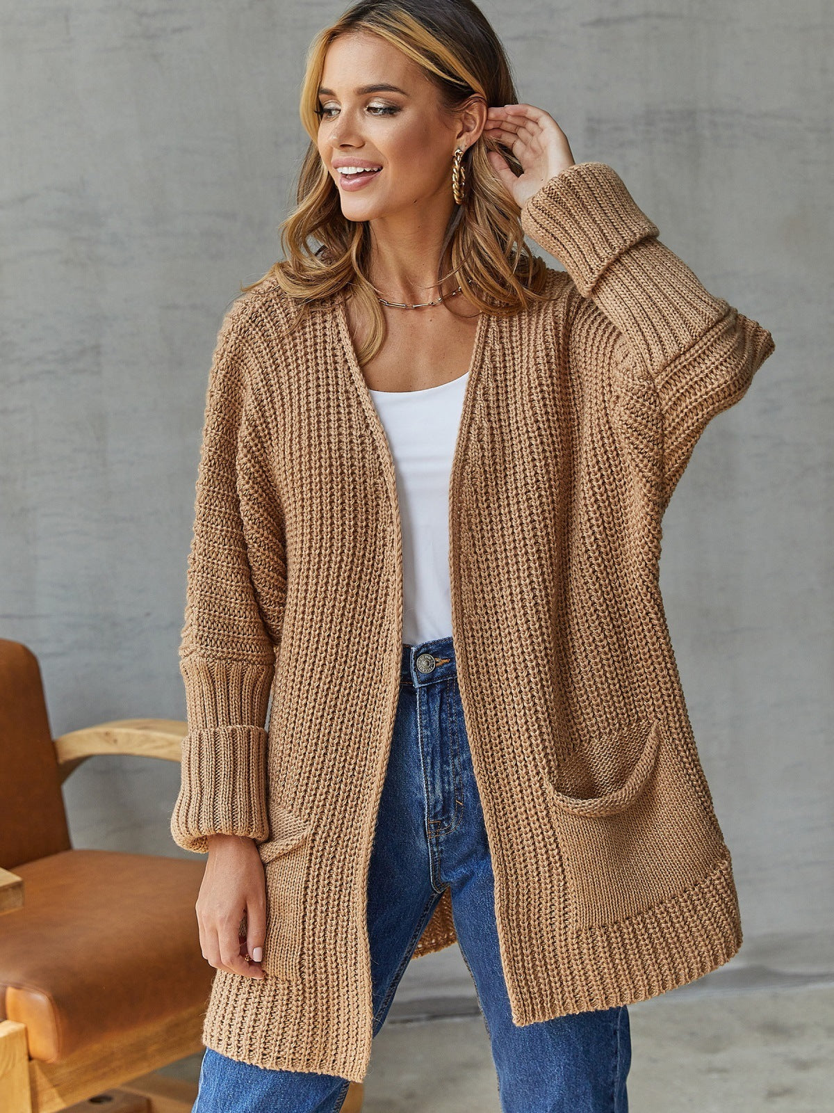 Damen-Strickjacke in Übergröße - Offene Strickjacke mit Taschen und langen Ärmeln