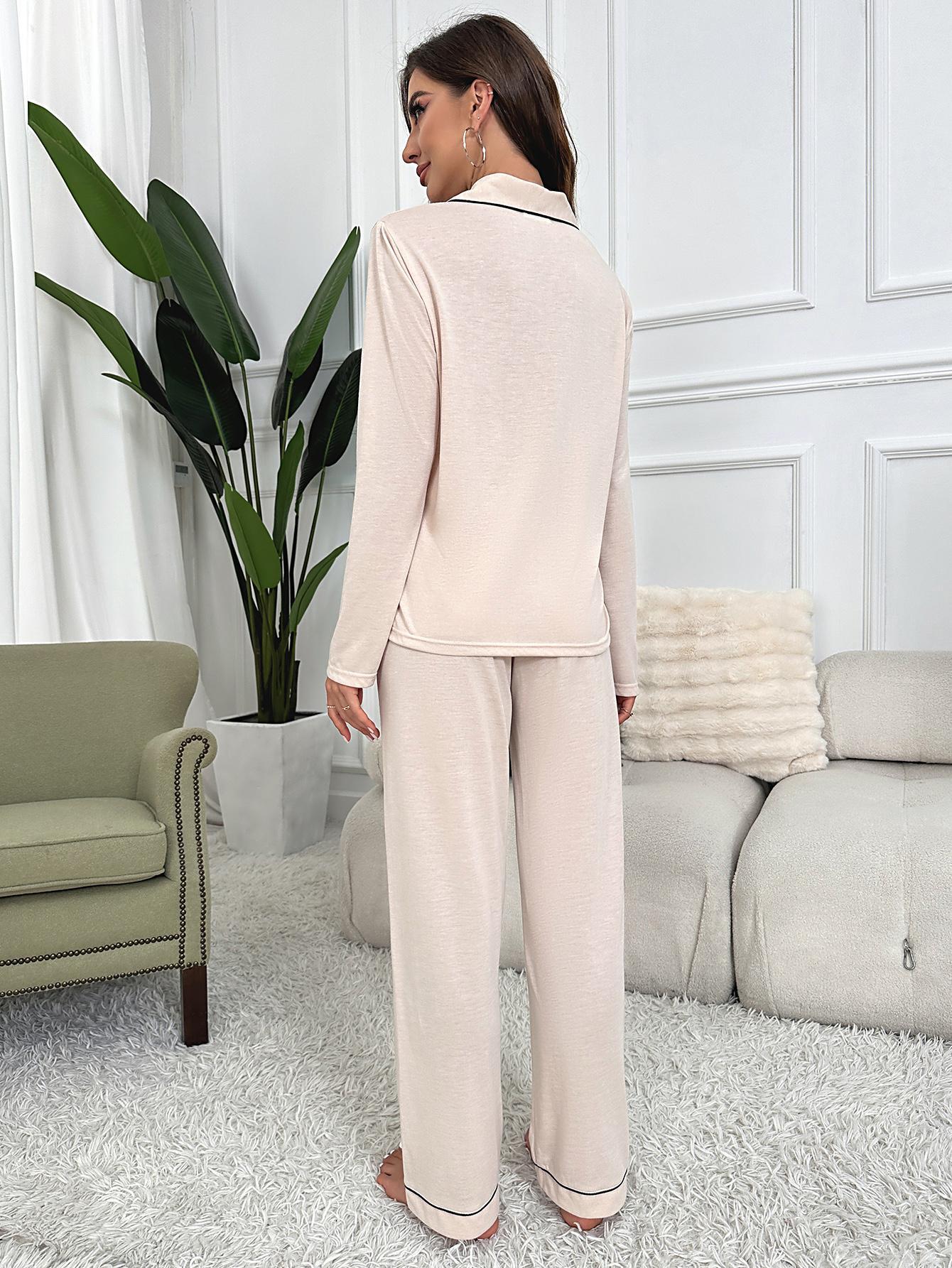 Beige Casual Zachte Kraag Pyjama Set 