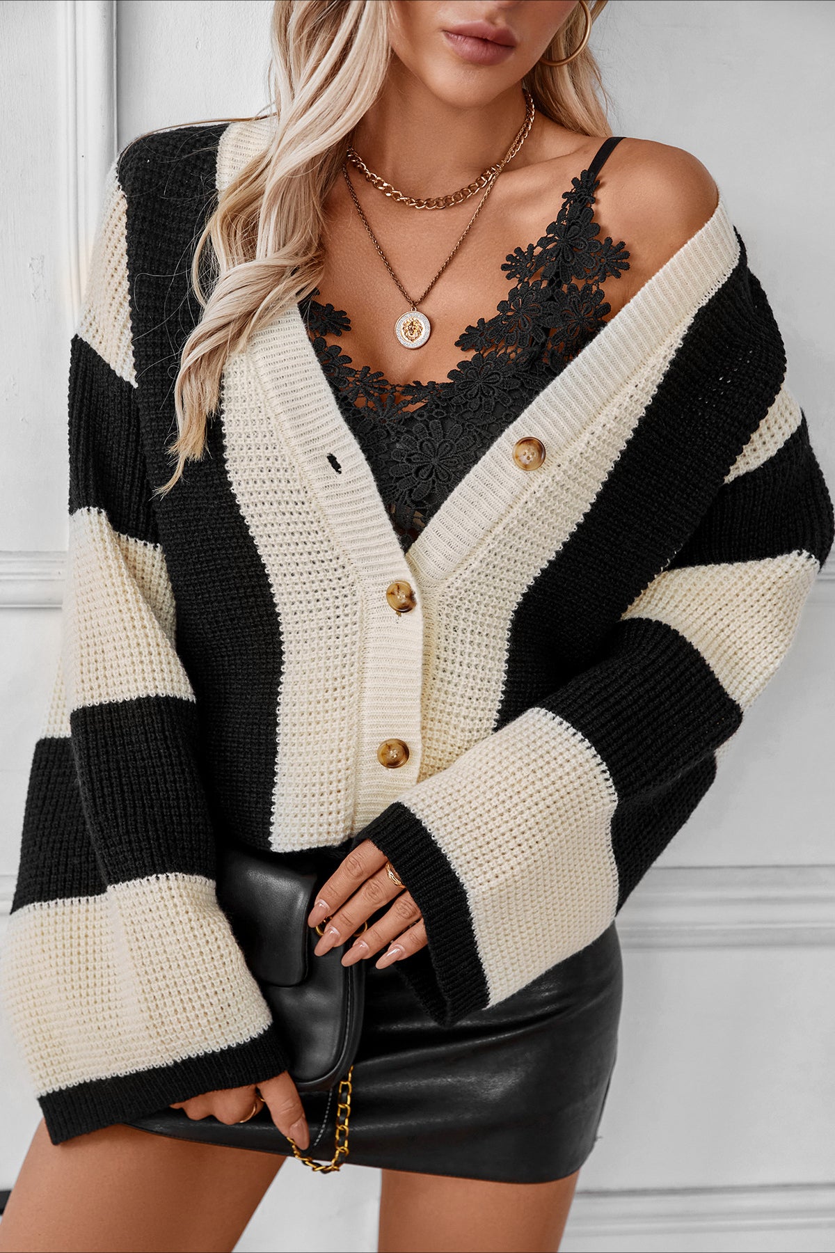 Classy V-Neck Buttoned Stripes Long Sleeve Cardigan