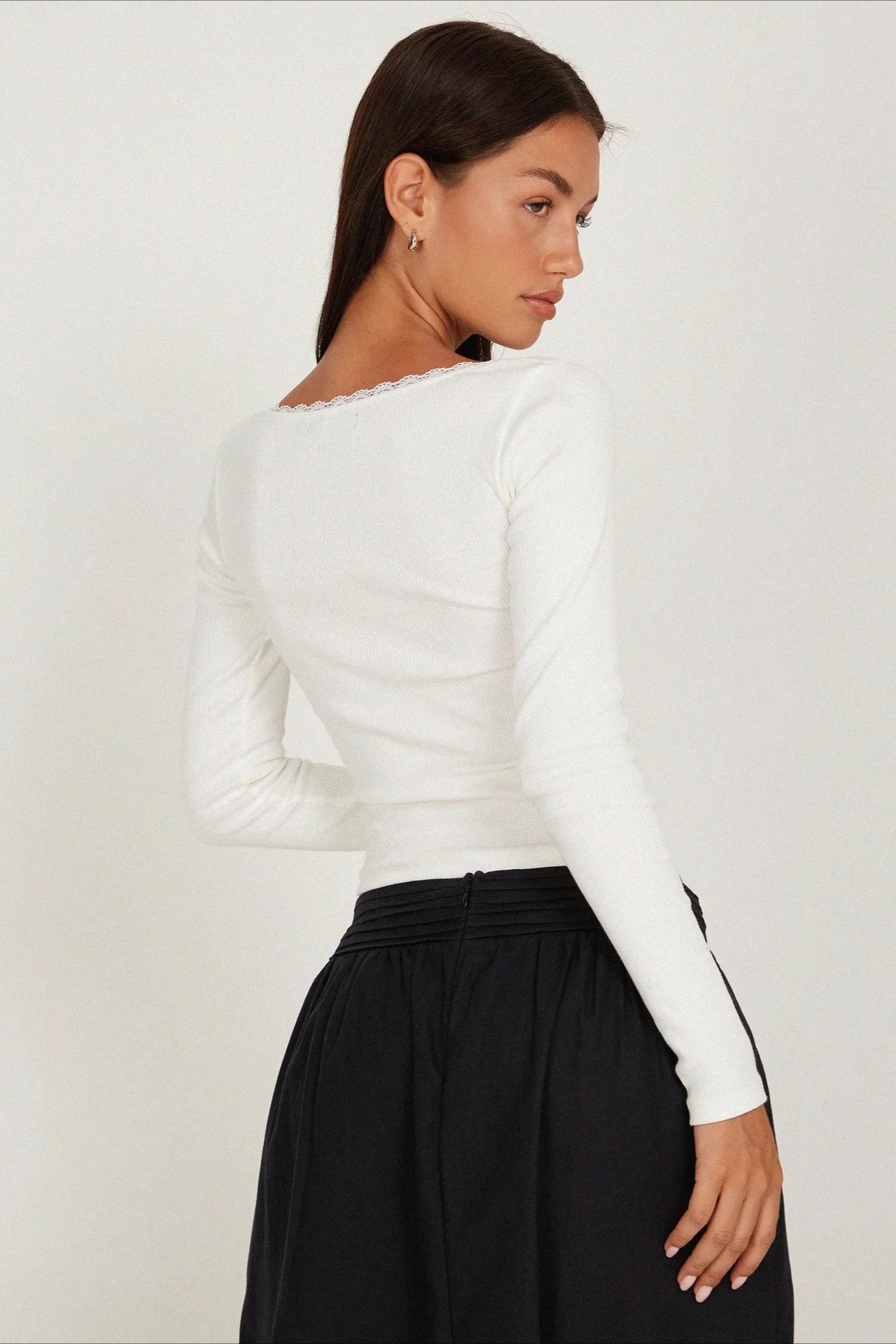 Ribbed Laced White Long Sleeve Crop Top